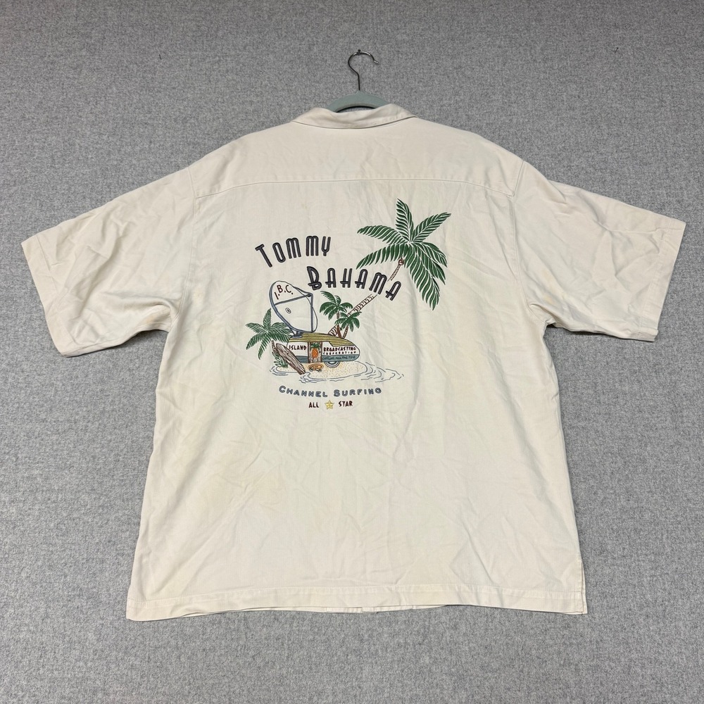 Tommy Bahama Shirt Large Cream Silk Cotton Channel Surfing Embroidered Camp Top